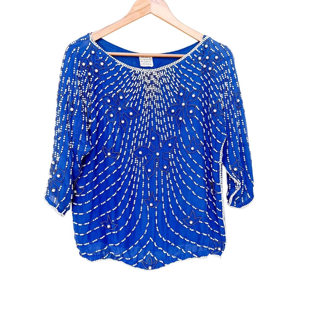 Vintage Royal Blue Silk Beaded Top Womens S M India Wedding Event Dressy Blouse